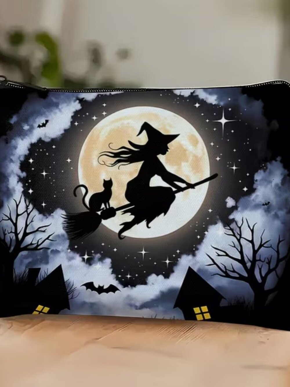 Halloween Gothic Witch and Black Cat Makeup Bag Double-Sided 6.7"h x 8.7"w